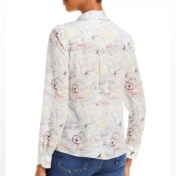 NWT Alice + Olivia Willa Travel Stamp Print Silk Long Sleeve Shirt - Sz S - Picture 2 of 9